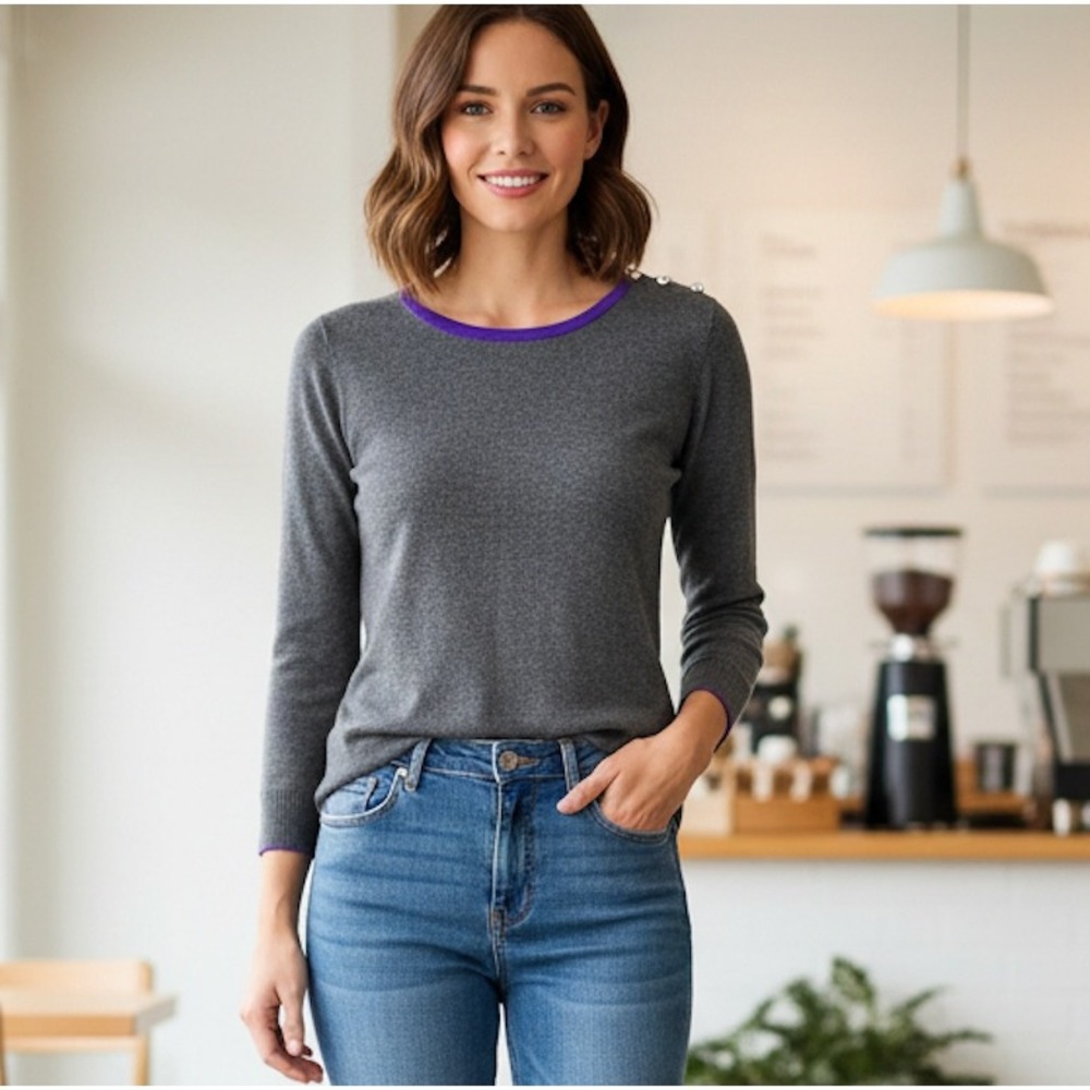 Sonia by Sonia Rykiel‎ Gray Angora Blend Sweater Purple Trim Button Shoulder S